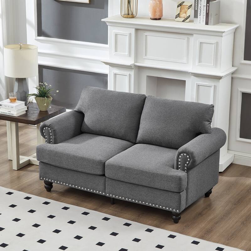 59.5" Modern Classic Design with Nails Loveseat Leather Couch,Upholstered Imitation Cowhide Leather - Grey