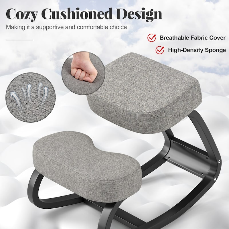 Ergonomic Grey-Black Wooden Rocking Kneeling Chair with Cushioned Seat and Kneepad - 28" x 18" x 22"