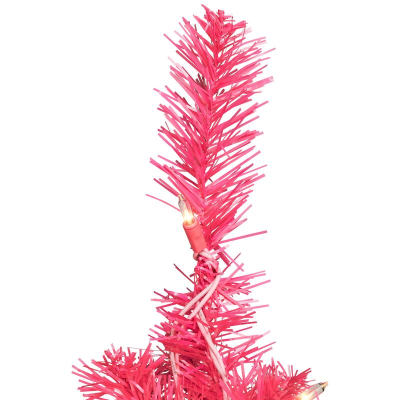 Pre-Lit Artificial Tinsel Christmas Tree - 7' - Pink - Clear Lights - 7 Foot
