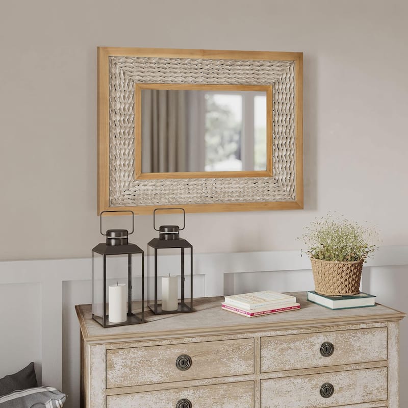 Rustic Farmhouse Wall Mirror, Natural Wood Decorative Vanity Mirror for Bedroom, Living Room, Bathroom, Entryway