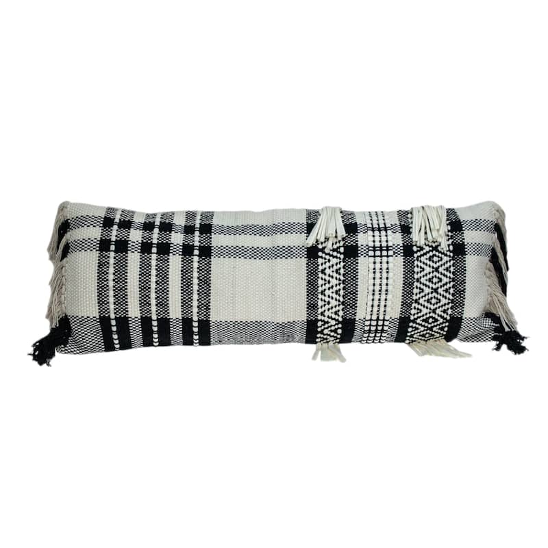 HomeRoots 12" X 35" Black and White Plaid Cotton Lumbar Throw Pillow With Fringe