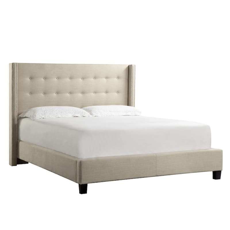 Marion Nailhead Wingback Tufted Upholstered Platform Bed by iNSPIRE Q Bold - Beige Linen - Queen