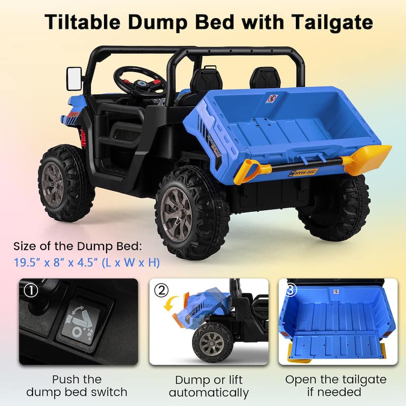 Gymax 12V 2 Seater Ride On UTV Dump Truck Remote w/ Electric Dump Bed