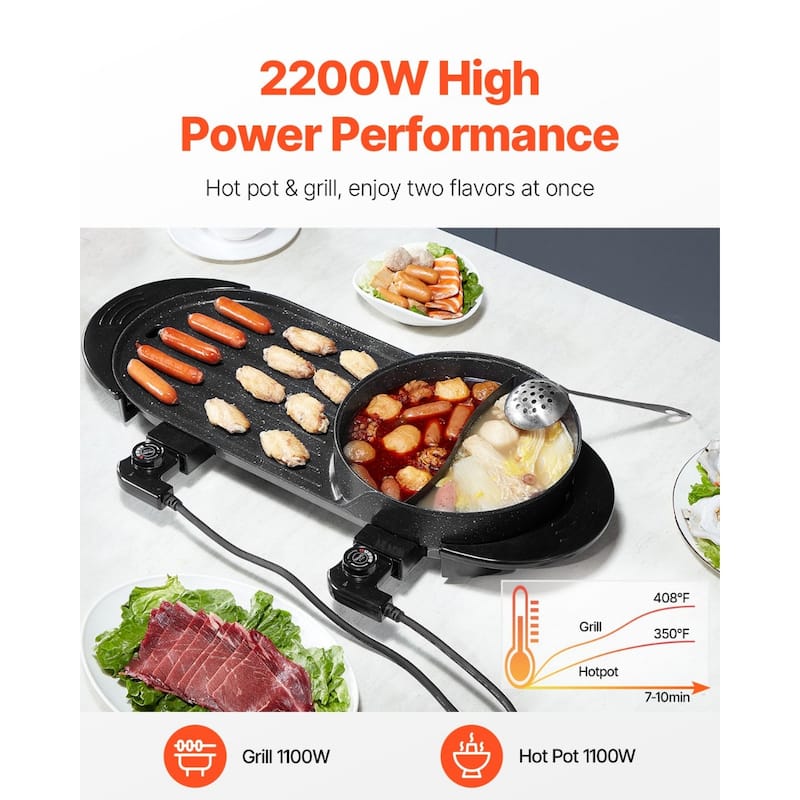 Black Hot Pot and Grill Combo Electric Cooker 2200W with Stepless Heat Control and Non-Stick Coating - 26.78 x 11.14 x 6.46 in