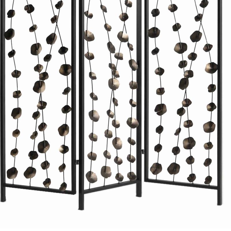 Transitional 3 Panel Metal Screen with Intricate Flower Design, Black