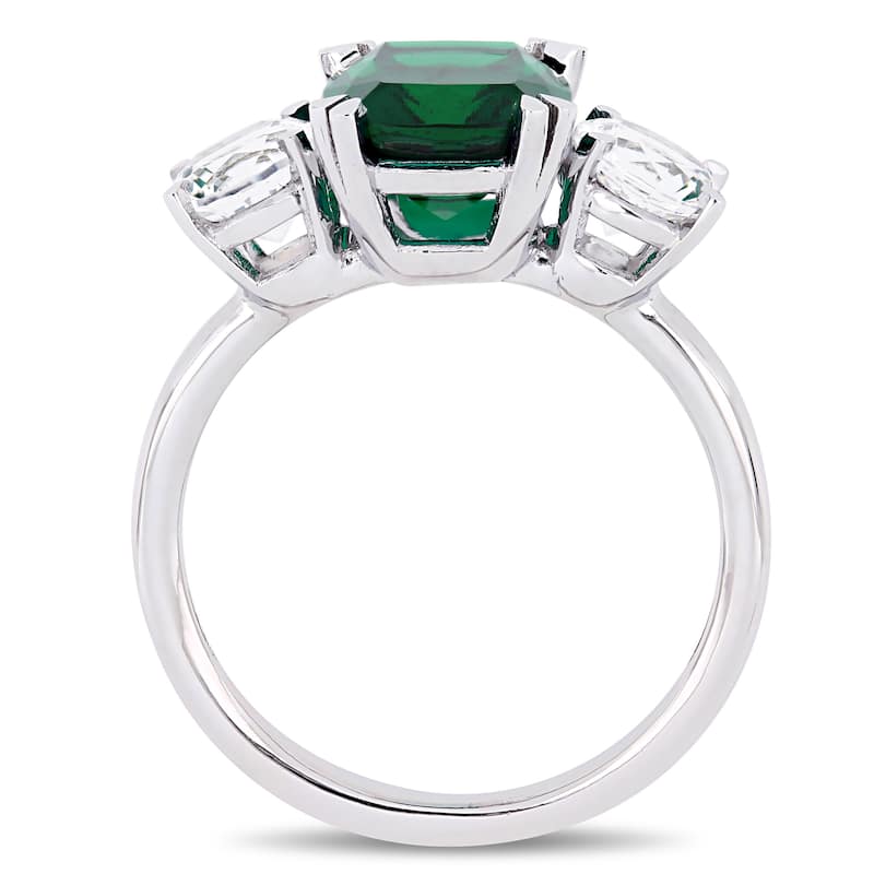 Miadora 10k White Gold Created Emerald and White Sapphire 3-Stone Engagement Ring