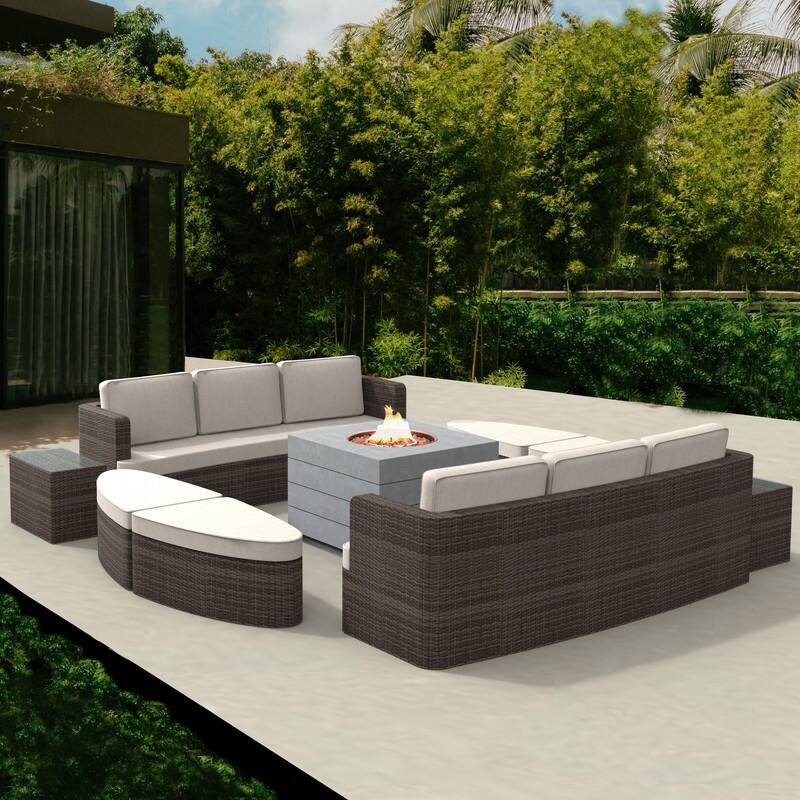 9-piece Patio Wicker Daybed Set with Concrete Fire Pit Table