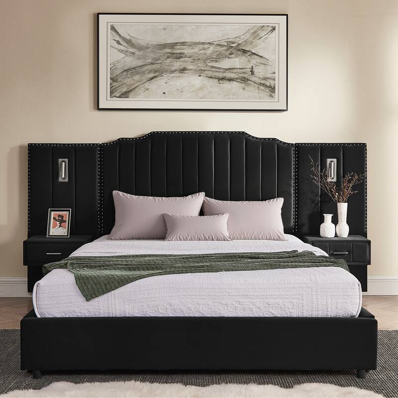 Queen Size Upholstered Bed Frame , Vertical Stripe Design with Buttons Around Platform Bed with Headboard