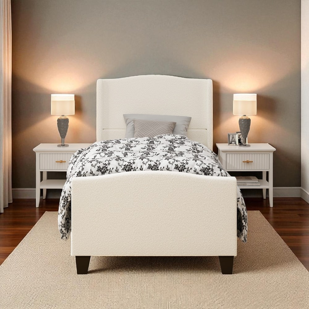 Twin/Queen/King Platform Bed, 49.21 in Upholstered Headboard, Teddy Velvet, 12-Slat Support, Solid Wood Legs, White