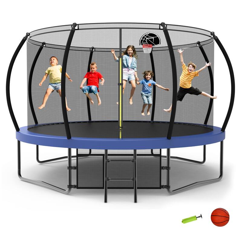 12ft/14ft/15ft/16ft Trampoline for Kids and Adults, Outdoor Trampolines with Curved Poles, Pumpkin Shaped - Blue - 14FT