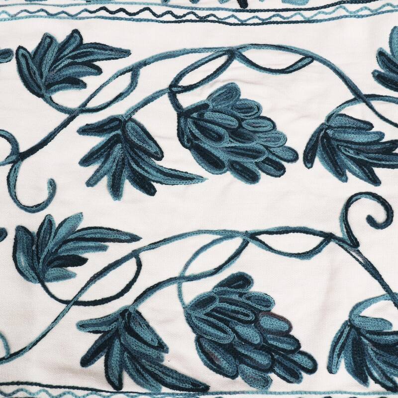 Novica Handmade Kashmir Leaves In Aqua Chain-Stitched Cotton Table Runner