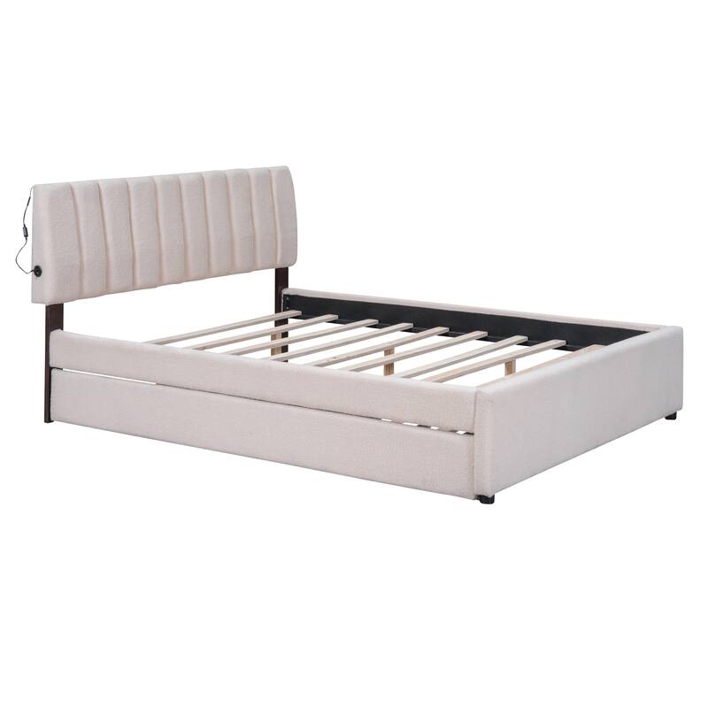 Twin/Full/Queen Teddy Fleece Upholstered Platform Bed with Trundle and LED Lights - Space-Saving & Stylish Design