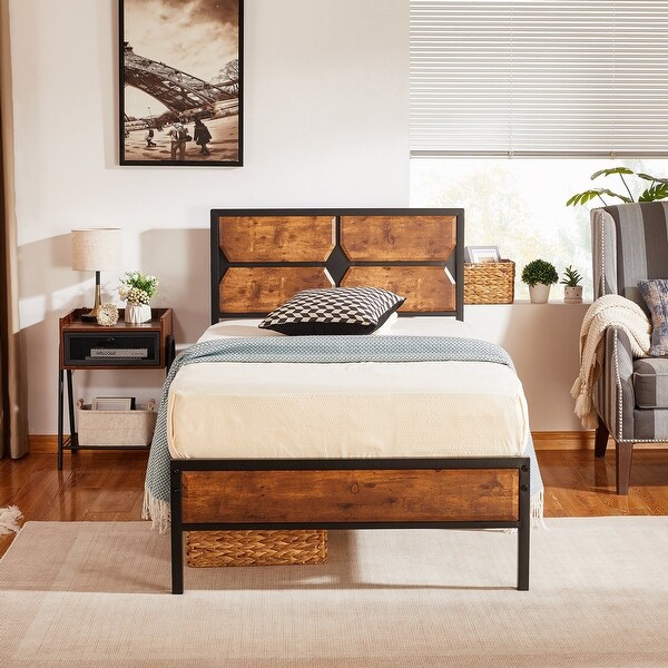Modway Tracy Mid-Century Modern Wood Platform Twin Size Bed with Two Side Tables in Cappuccino Beige 