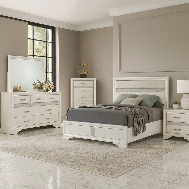 Vino White 5 Piece Full Bed Set with Dressers, Mirror, Glitter Accent