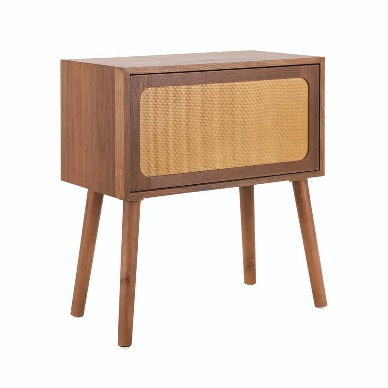 Mid-Century Modern Rattan Nightstand with Rotating Hidden Compartment and Wood Legs