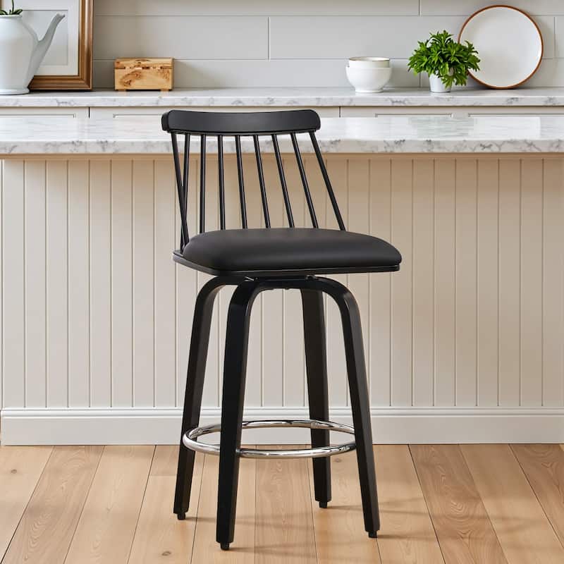 Mid-century Spindle Back Swivel Counter Height Bar Stools - 37.2"H x 18.9"W x 18.9"D - Single - Black