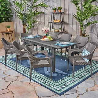 Damon Outdoor 9 Piece Wood and Wicker Expandable Dining Set by Christopher Knight Home