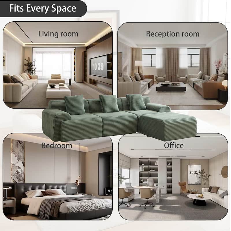 114" Corduroy Modular Sectional Sofa, Boneless Design with 4 Configurable Modules, Wide Backrest & 3 Pillows, No Assembly