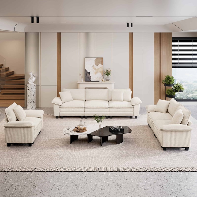 MAISON ARTS Chenille & Corduroy Modular Sectional Sofa Set, Comfy 5/6/7-Seat Living Room Couch with 3-Seater or Loveseat - Beige Corduroy (6 Pieces) - Reversible