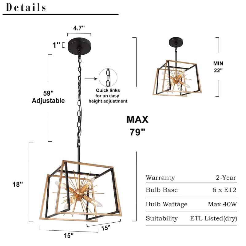 Modern Farmhouse 6-Light Black Gold Sputnik Chandelier Geometric Island Lights for Kitchen