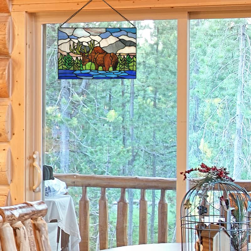River of Goods Mountainscape Moose River of Goods Brown, Blue and Green Stained Glass Window Panel - 18.25" x 0.25" x 12"