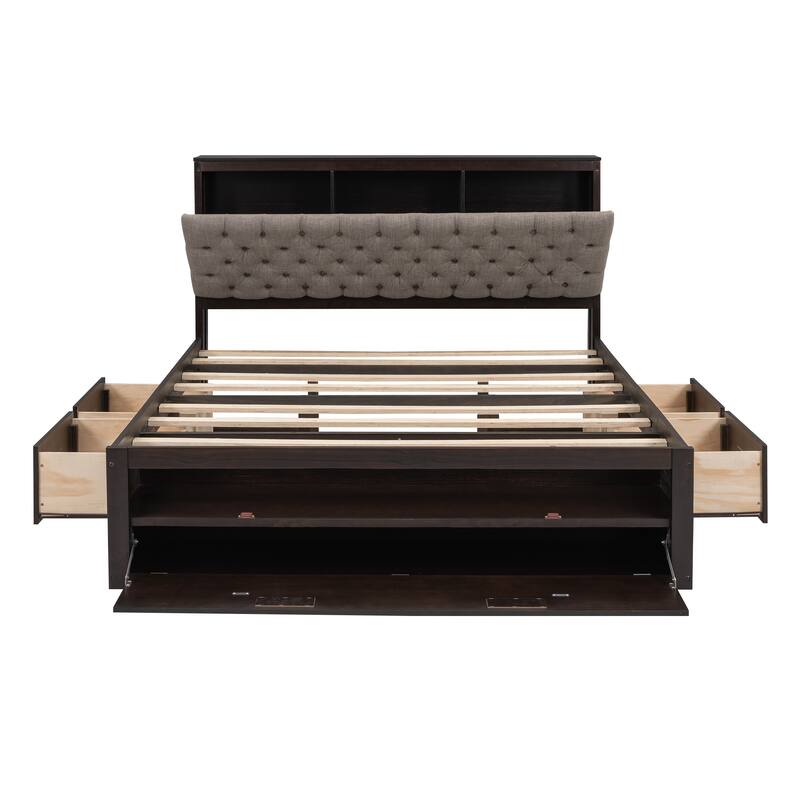 Espresso Queen Size Wood Platform Bed with Storage Headboard, Shoe Rack and 4 Drawers
