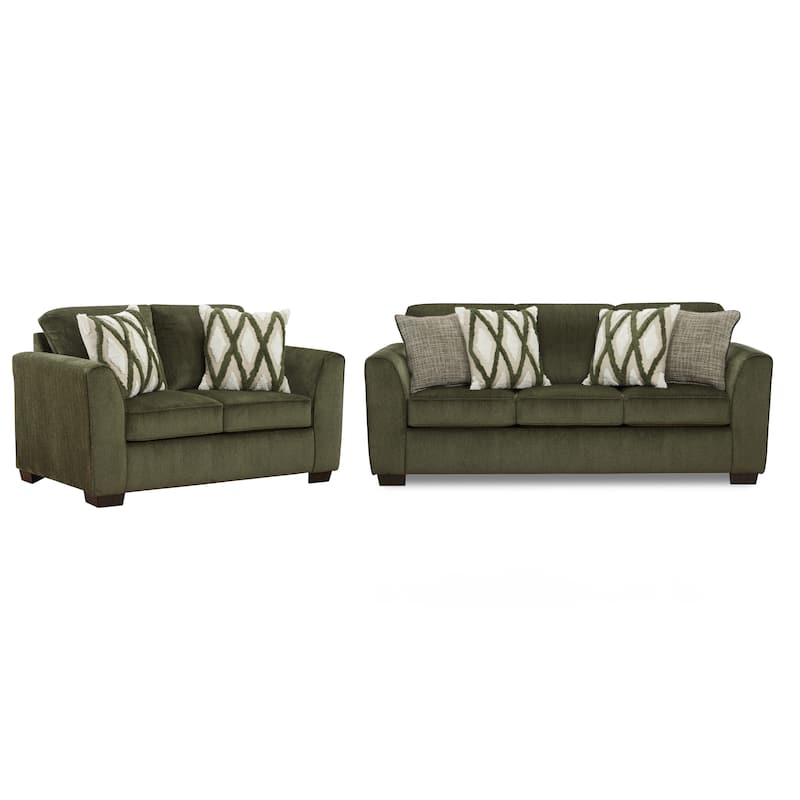 Roundhill Furniture Marvella Living Room Sofa and Loveseat Set with Mosswood Chenille Upholstery and Textured Accent Pillows