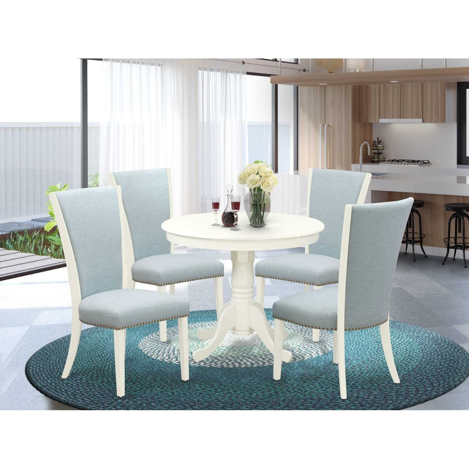 HomeStock 5-Piece Round Linen White Finish Solid Wood Top Dining table with 4 Chairs