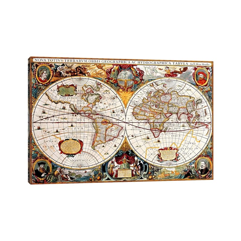 iCanvas "Antique Double Hemisphere Map of The World (Hondius, Henricus c 1630)" by Unknown Artist Canvas Print