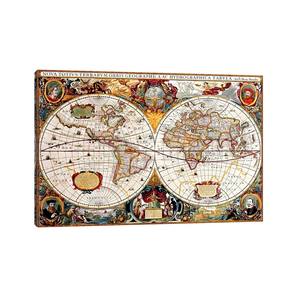 iCanvas "Antique Double Hemisphere Map of The World (Hondius, Henricus c 1630)" by Unknown Artist Canvas Print
