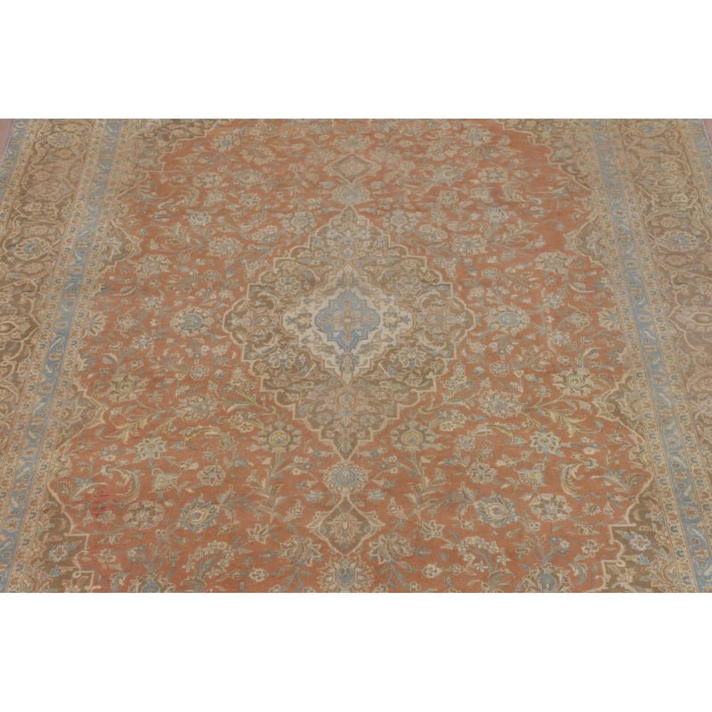 Orange Kashan Persian Vintage Area Rug Hand-Knotted Wool Carpet - 9'7"x 13'5"