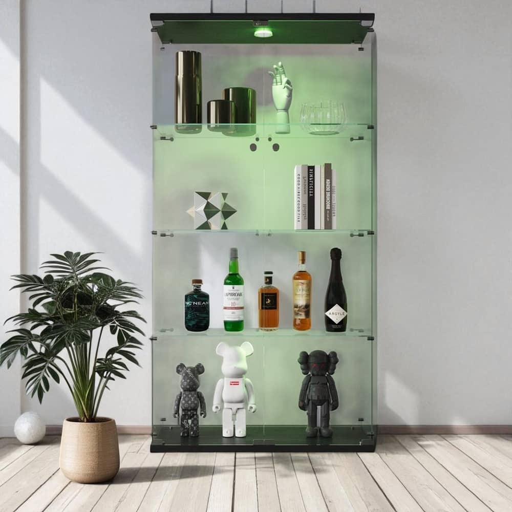 Lighted Two-Door Glass Display Cabinet with 4 Shelves, Tempered Glass and Security Lock