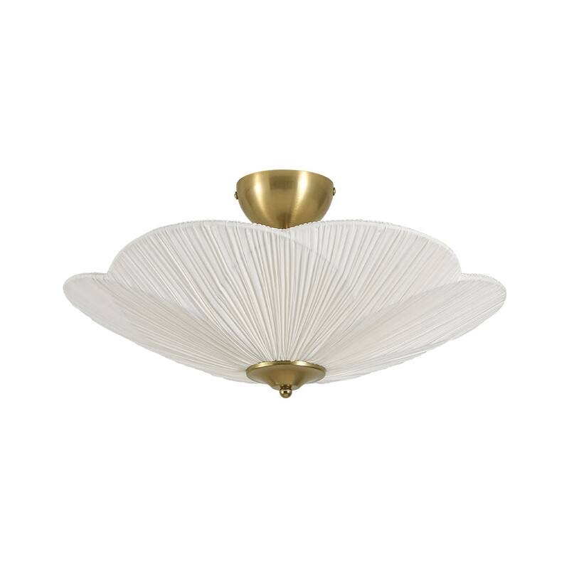 3-Light French Country White Ribbed Fabric Round Bloom Ceiling Light