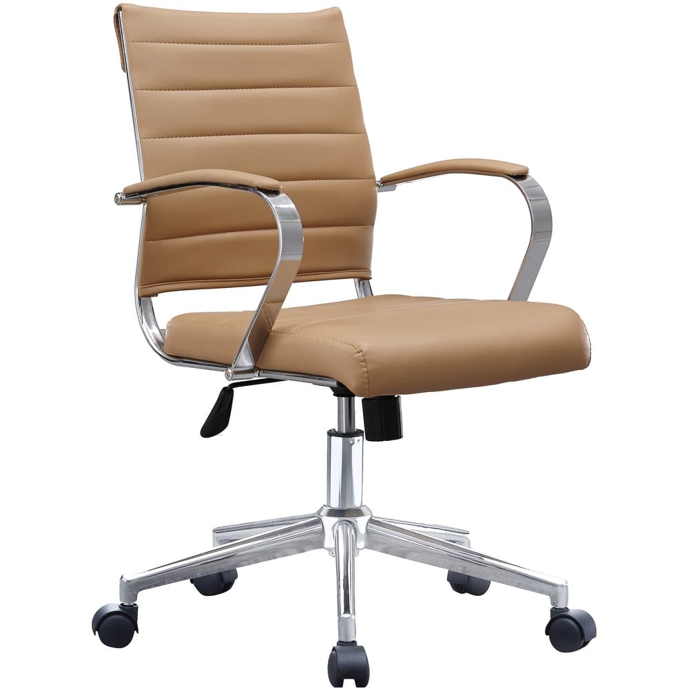 Black Office Chairs Mid Back Ribbed PU Leather Executive Task Work Conference With Arms Wheels Tilt Swivel Rolling