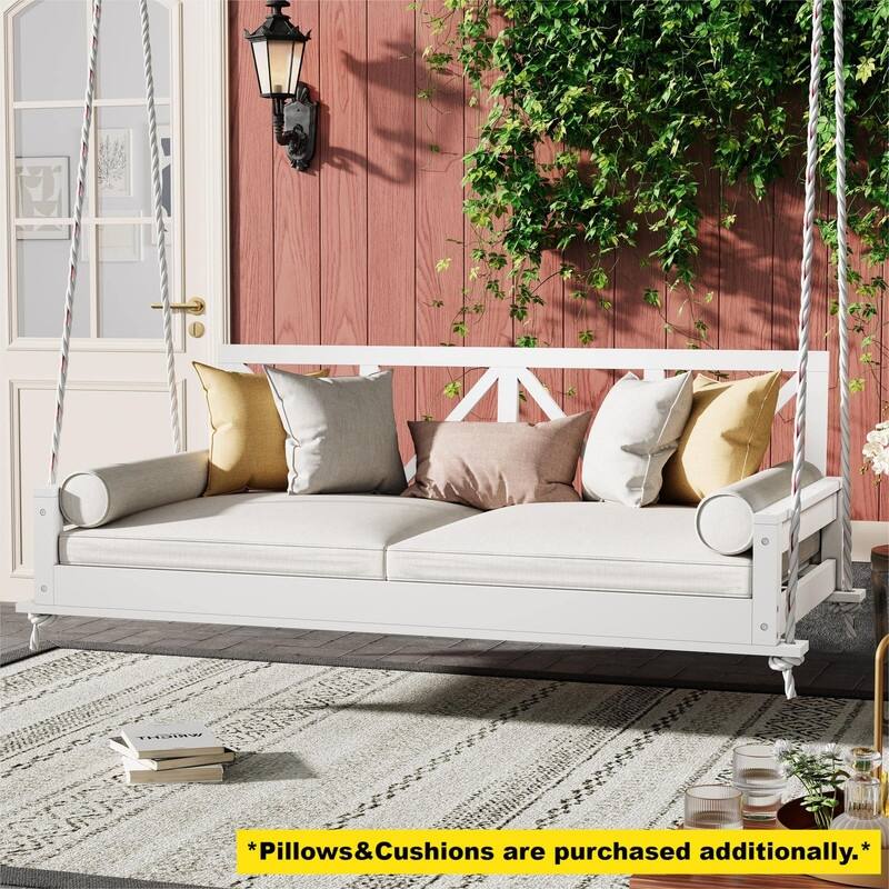Acacia Wood Twin Size Patio Swing Bed with Hanging Frame