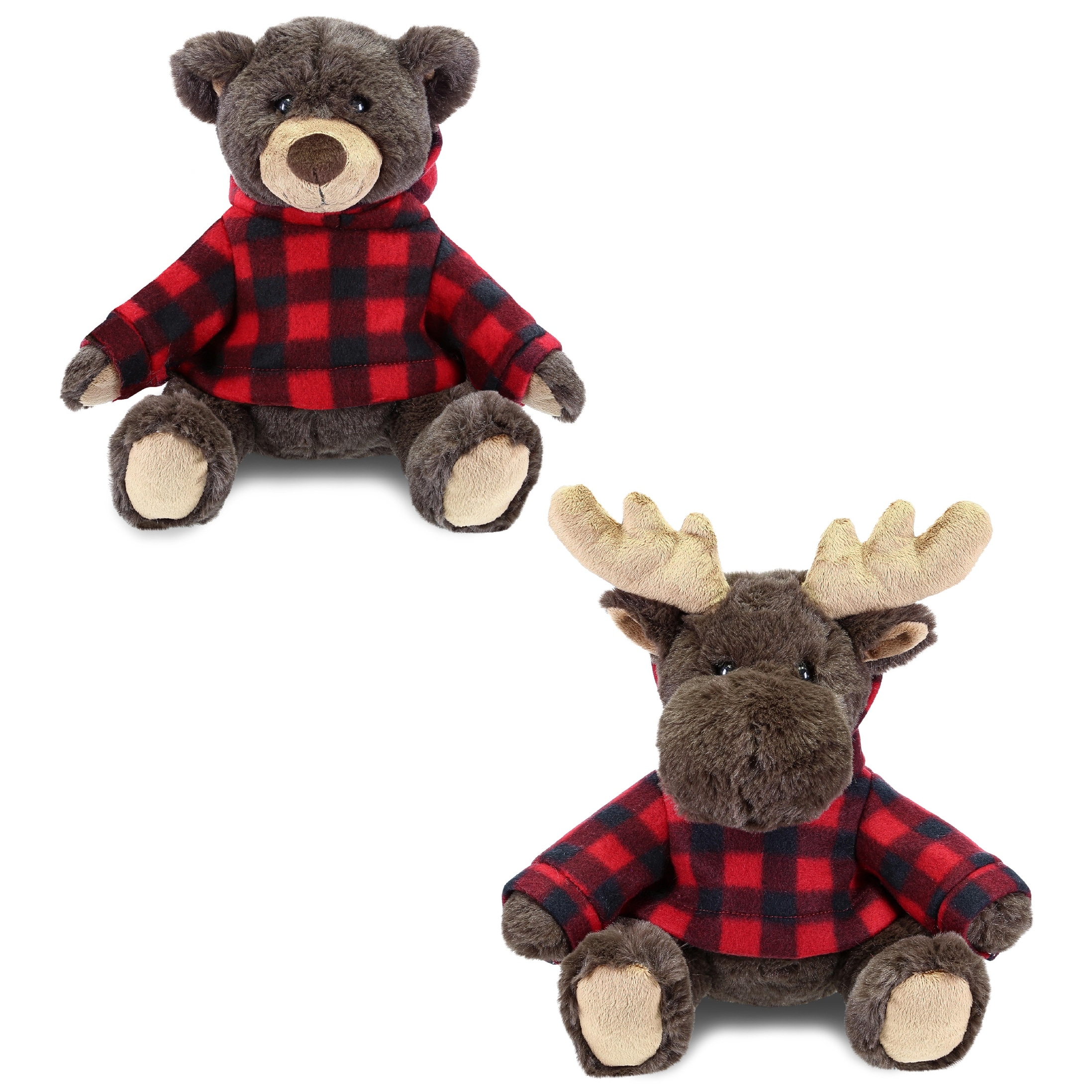 DolliBu Plush Brown Bear and Moose with Red Plaid Hoodie - Set of 2 - 10Lx8Wx9H inches