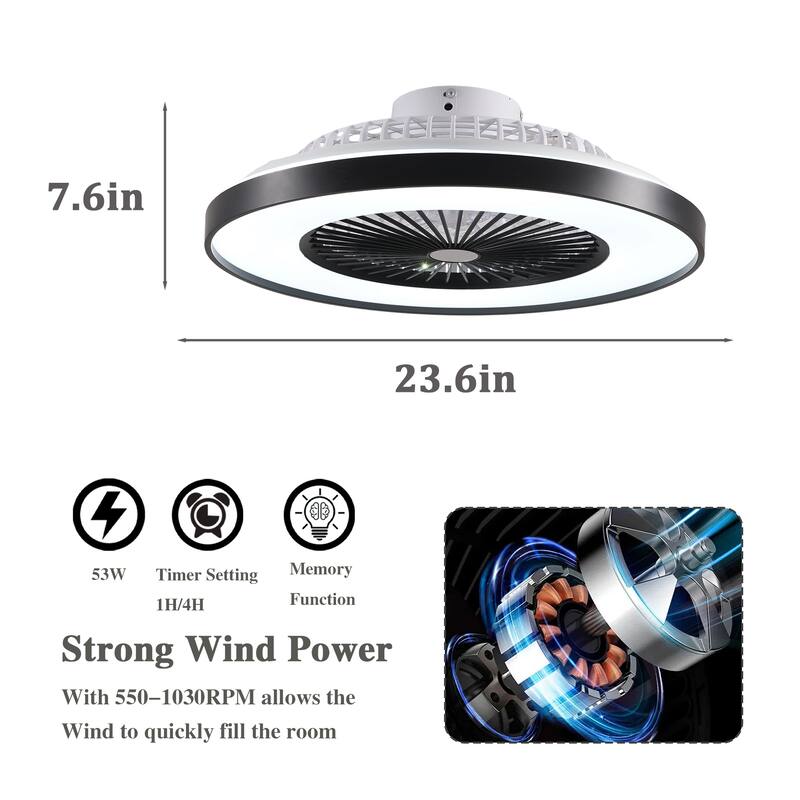23" Bedroom Fan Light with Remote Control, Dimmable, 8 Blades, Reversible DC Motor, with LED Light