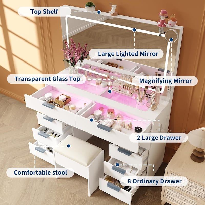 Vanity Desk, Makeup Dressing Table with Large Mirror and Lights