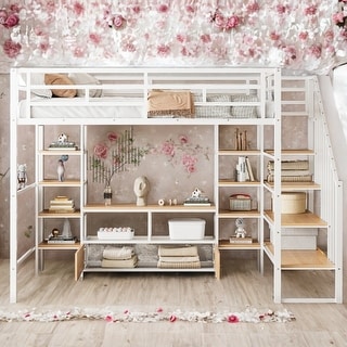 Metal Storage Full Size Loft Bed with Storage Table and Shelves