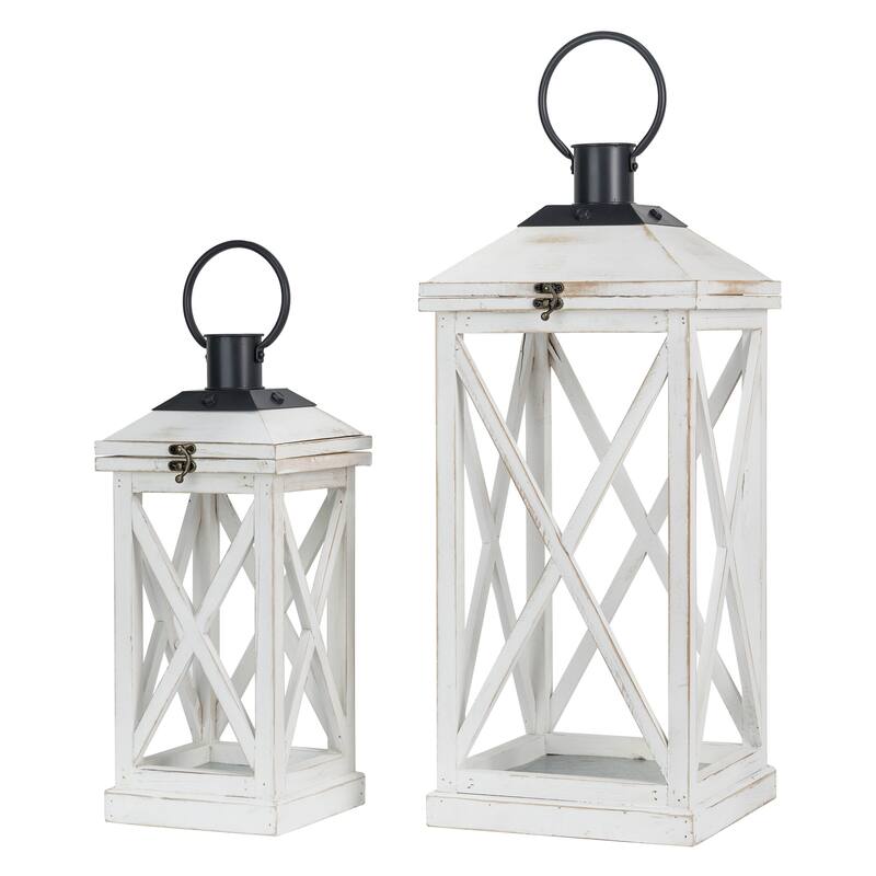 Glitzhome Set of 2 Farmhouse Wooden Lantern Hanging Candle Holders Fall Wedding Decor - 24"+17"