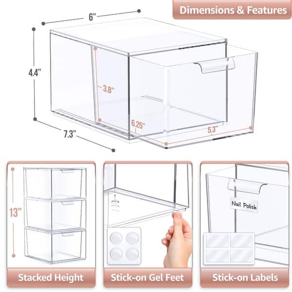Sorbus Acrylic Cosmetic Vanity Makeup Organizer Drawer 3 Pack Clear Stackable Bathroom Undersink Cabinets Jewelry Office Storage