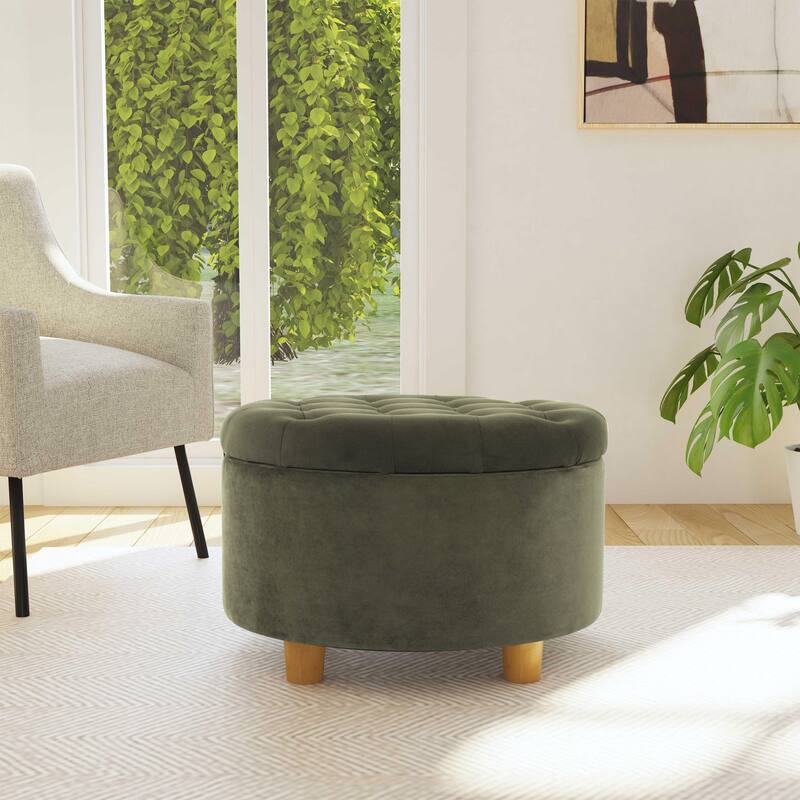 HomePop Button Tufted Round Storage Ottoman - Loden Green Velvet