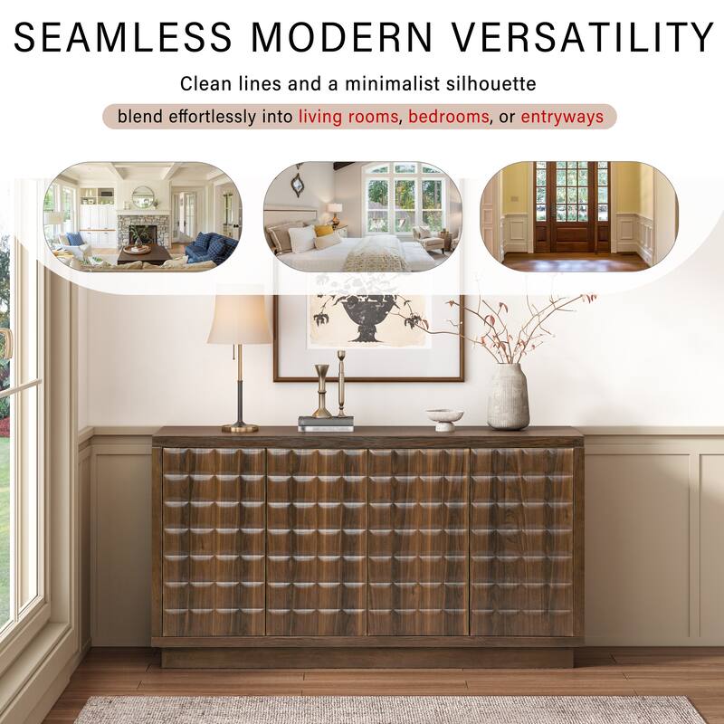 Modern 4-Door Storage Cabinet with 3D Geometric Doors, Wood Veneer & Metal Trim, Adjustable Shelves.