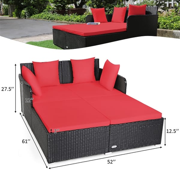 dimension image slide 4 of 6, Costway Outdoor Patio Rattan Daybed Pillows Cushioned Sofa Furniture - See details