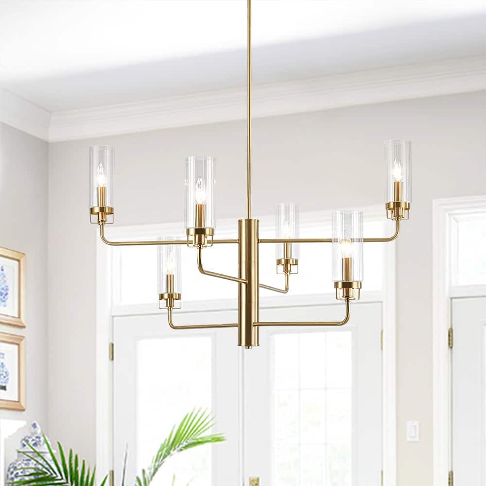 Elegant Reeded Glass 3-Tier Brushed Brass Candle Style Chandelier - 37.4 Inches