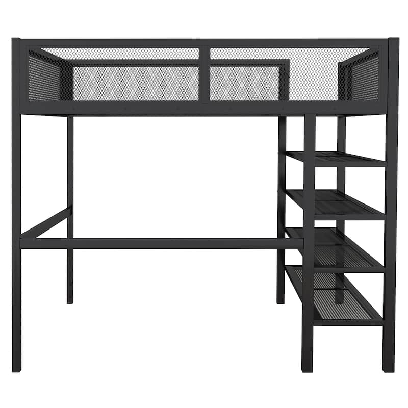 Black Full Metal Loft Bed with Shelves & Workstation