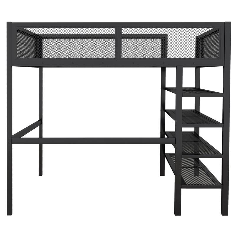 Twin/Full Metal Loft Bed with Built-in Desk, Shelves, and Storage, Modern Design