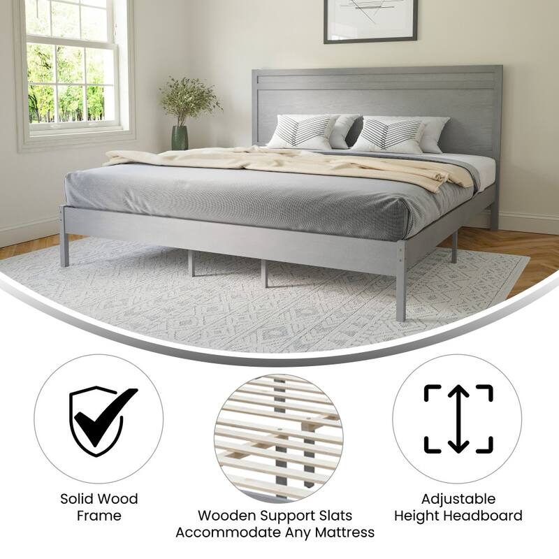 Modern Solid Wood Platform Bed with Headboard and Wooden Slats