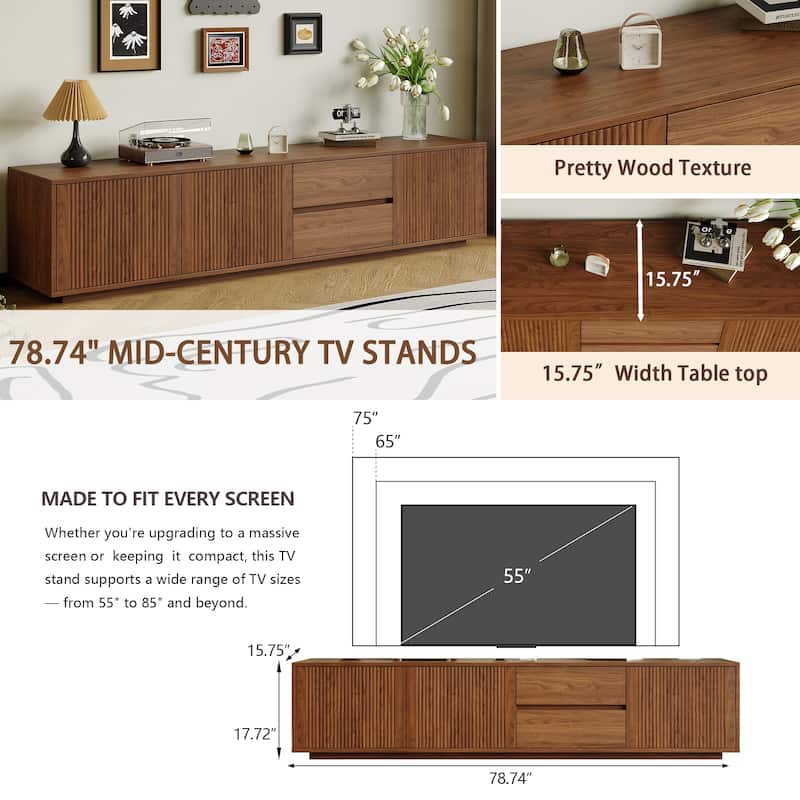 78.74" Mid Century Brown Wood TV Stands, 2 Drawers and Cabinets