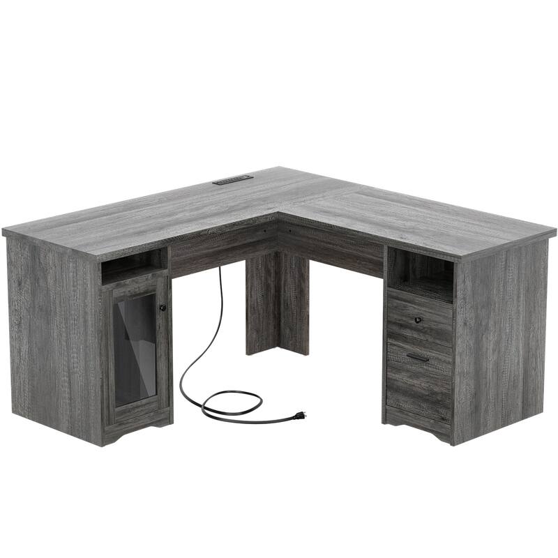 Modern Farmhouse L-Shape Desk with File Cabinet and Drawers, Homer Office Executive Desk with Charge Station